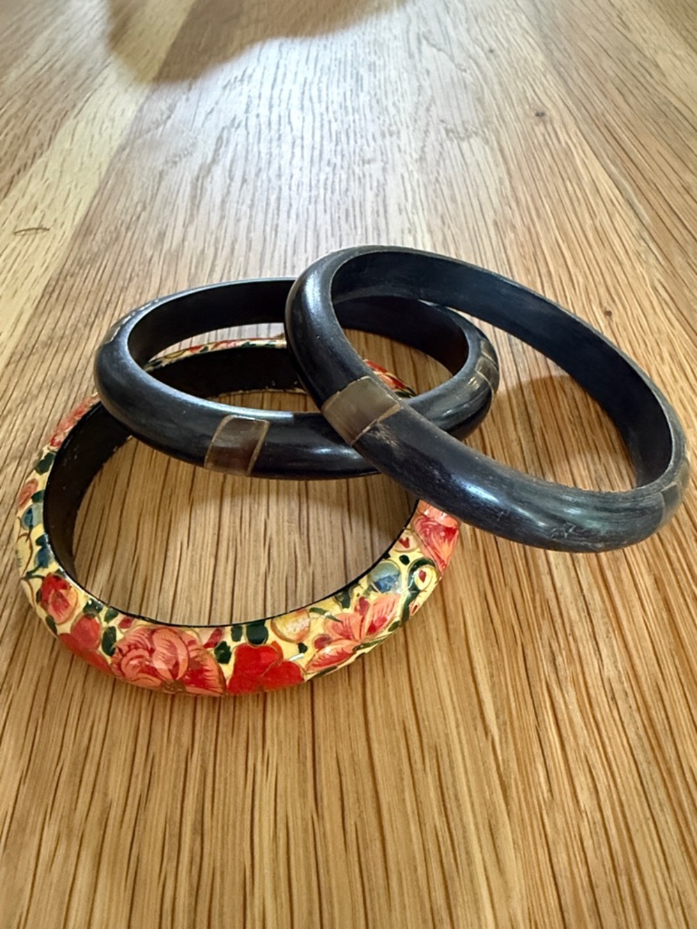 VTG 90s Two Wood with Shell Inlay and one Floral Painted Bangle Bracelet Set
